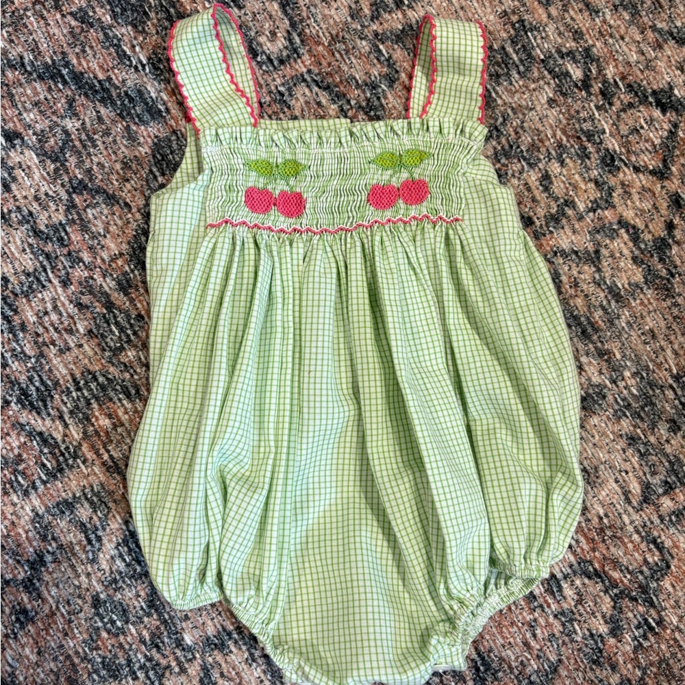 Smocked bubble romper Edgehill collection with Cherry Embroidery 3M